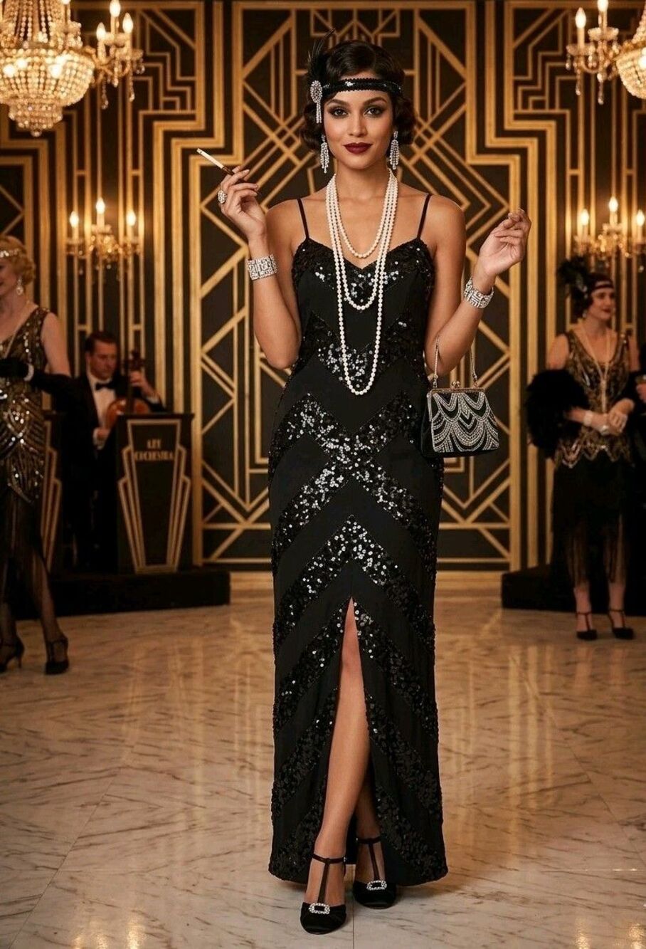 Vintage Y2K Black Silk Sequin Column Maxi Long Gown Evening Formal Slip Dress M - Picture 13 of 16